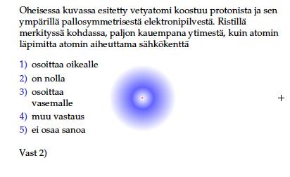 : Oheisessa kuvassa esite*y vetyatomi koostuu protoneista ja sen ympärillä pallosymmetrisestä elektronipilvestä.