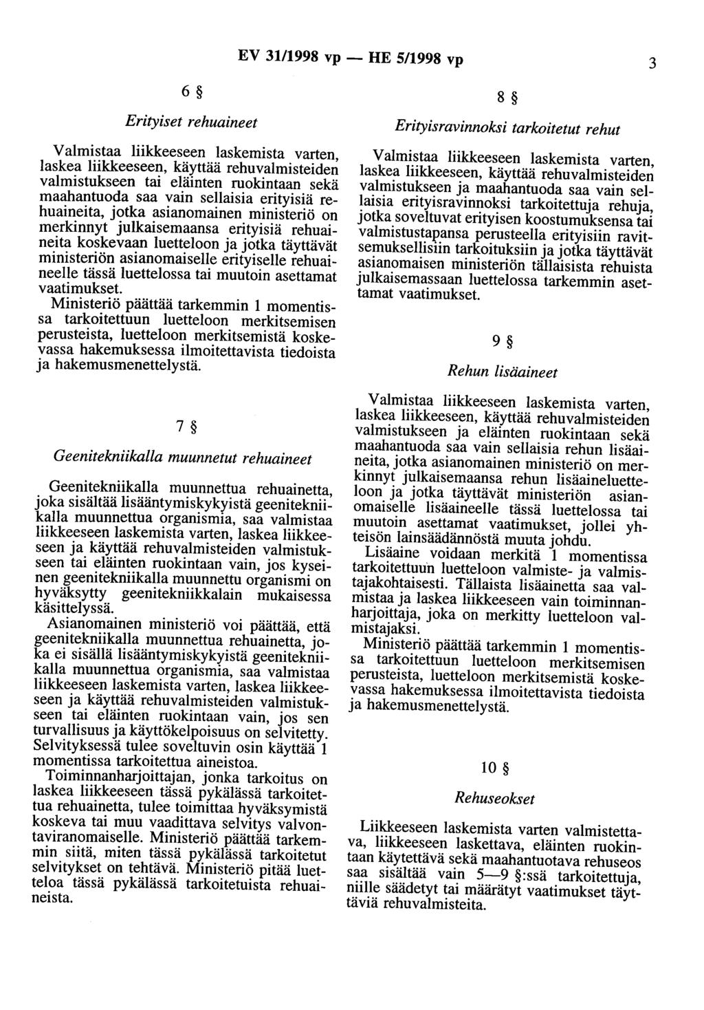 EV 31/1998 vp- HE 5/1998 vp 3 6 Erityiset rehuaineet Valmistaa liikkeeseen laskemista varten, laskea liikkeeseen, käyttää rehuvalmisteiden valmistukseen tai eläinten ruokintaan sekä maahantuoda saa