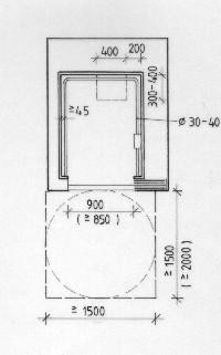 31 900 mm x 1400 mm, mutta suositus on 900 mm x 1600 mm. Oven leveyden on oltava vähintään 850 mm, mutta suositusleveys on vähintään 900 mm. Oven korkeus on oltava vähintään 2100 mm.