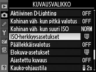 Automaattinen ISOherkkyyden säätö (vain P-, S-, A- ja M-tilat) Jos Päällä on valittu kuvausvalikon kohtaan ISO -herkkyysasetukset > Autom.