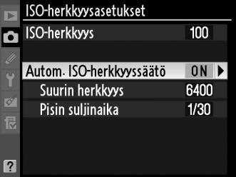 ISO-herkkyyden maksimiarvo voidaan valita kohdasta Suurin herkkyys (valitse alhaisempi arvo estääksesi kohinan esiintymistä satunnaisina kirkkaina kuvapisteinä, sumuna tai viivoina); automaattisen