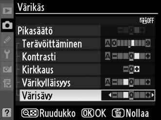 Picture Control -säätimien muokkaaminen Valmiita Picture Control -säätimiä tai mukautettuja Picture Control -säätimiä (0 136) voidaan muuttaa kuvausohjelman tai haluamasi lopputuloksen mukaan.