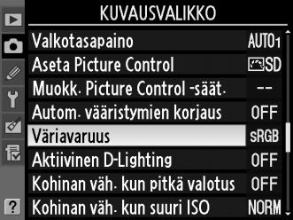 Väriavaruus Väriavaruus määrittelee värintoistossa käytössä olevien värien määrän. Valitse väriavaruus sen mukaan, miten kuvia käsitellään sen jälkeen, kun ne siirretään kamerasta.