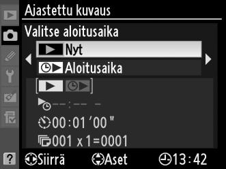 Ajastettu kuvaus Kameralla voidaan ottaa valokuvia automaattisesti tietyin aikavälein. D Ennen kuvaamista Älä valitse itselaukaisinta (E) tai kaukolaukaisutilaa (4), kun käytät ajastinta.