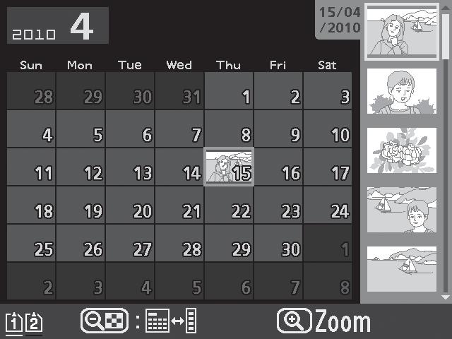 Pienoiskuvaluettelo: Korosta kuva. Päivämääräluettelo: Katsele ensimmäistä valittuna päivämääränä otettua kuvaa. Pienoiskuvaluettelo: Katsele korostettua kuvaa.