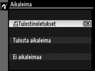 Valitse sivukoko painamalla 1 tai 3 (jos haluat tulostaa valittuna olevan tulostimen oletusasetusten mukaisen sivukoon, valitse Tulostinoletukset). Vahvista ja palaa edelliseen valikkoon painamalla J.