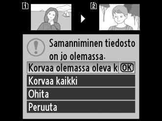 Jos haluat valita kansion olemassa olevien kansioiden luettelosta, valitse Valitse kansio luettelosta, korosta kansio ja paina J. 9 Kopioi kuvat. Korosta Kopioidaanko kuva(t)? ja paina J. Näyttöön avautuu vahvistusikkuna.