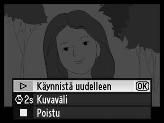 Kuvaesitys G-painike D-toistovalikko Luo kuvaesitys nykyisen toistokansion valokuvista (0 195). Piilotettuja kuvia (0 196) ei näytetä. Asetus Käynnistä Kuvaväli Kuvaus Käynnistä kuvaesitys.