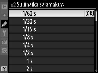 Salaman ohjaus nopeudella 1/320 s (automaattinen FP) Kun mukautetuksi asetukseksi e1 (Salamatäsmäysnopeus, 0 222), on valittu 1/320 s (automaattinen FP), yhdysrakenteista salamavaloa voidaan käyttää