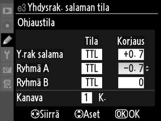 Seuraavassa on ohjeet kuvaamiseksi ohjaustilassa. 1 Muuta yhdysrakenteisen salaman asetuksia. Valitse yhdysrakenteisen salaman salamatila ja teho. Huomaa, ettei tehoa voi säätää -tilassa.