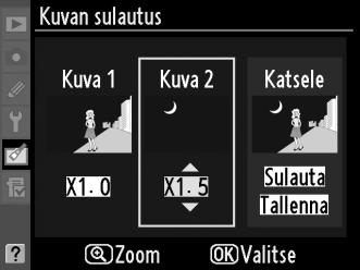 4 Säädä herkkyys. Korosta Kuva 1 tai Kuva 2 ja optimoi kuvan sulautuksen valotus painamalla 1 tai 3 ja valitsemalla valitun kuvan herkkyyssäädöksi arvo väliltä 0,1 ja 2,0.