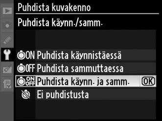 Puhdista käynn./samm. Käytettävissä ovat seuraavat vaihtoehdot: Asetus Kuvaus 5 Puhdista Kameran kuvakenno puhdistetaan automaattisesti aina, kun kameraan käynnistäessä kytketään virta.