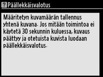 Kameran valikot Useimpia kuvaus-, toisto- ja asetusvalikon vaihtoehtoja voidaan säätää kameran valikoiden kautta. Valikot saa näkyviin painamalla G -painiketta.