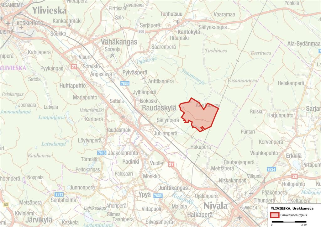 Kaava-alueen lunaispulelle, lähimmillään nin 4,5 kilmetrin etäisyydelle kaava-alueesta sijittuu Ylivieskantie (Vt 27). Kuva 1. Urakkanevan kaava-alueen sijainti.