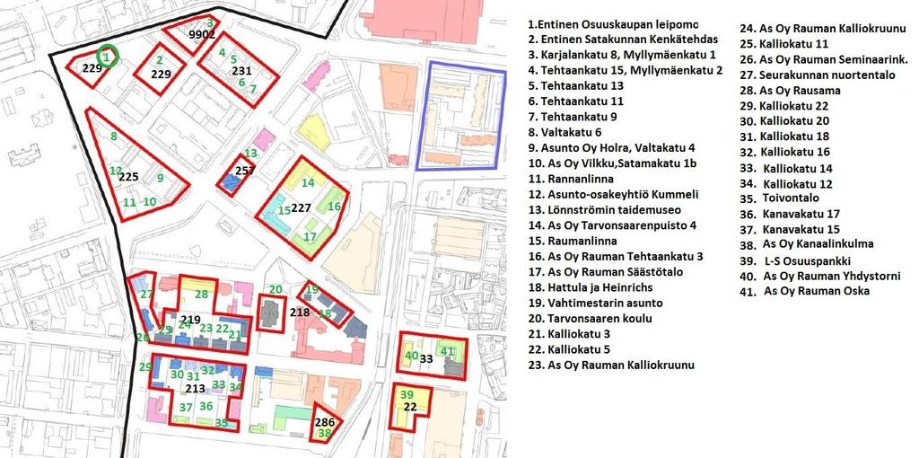 3.1. Suoja-alueen länsiosa Kortteli 218 Kaupungintalon tontti Nykyisen kaupungintalon tontilla sijaitsi ennen vuoden 1991-1992 muutoksia useita pihapiirejä omilla tonteillaan.