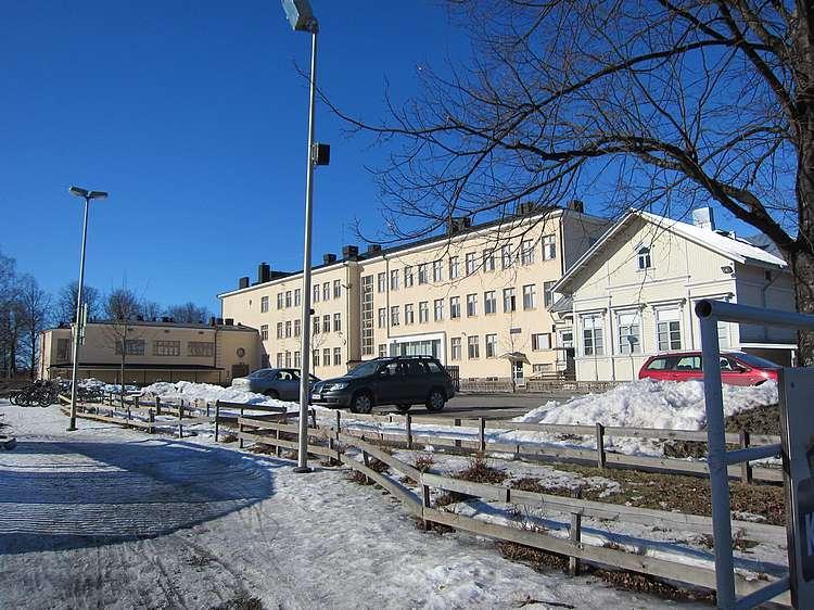 Tontilla oleva aumakattoinen, hirsirunkoinen ja vinkkelin mallinen rakennus on