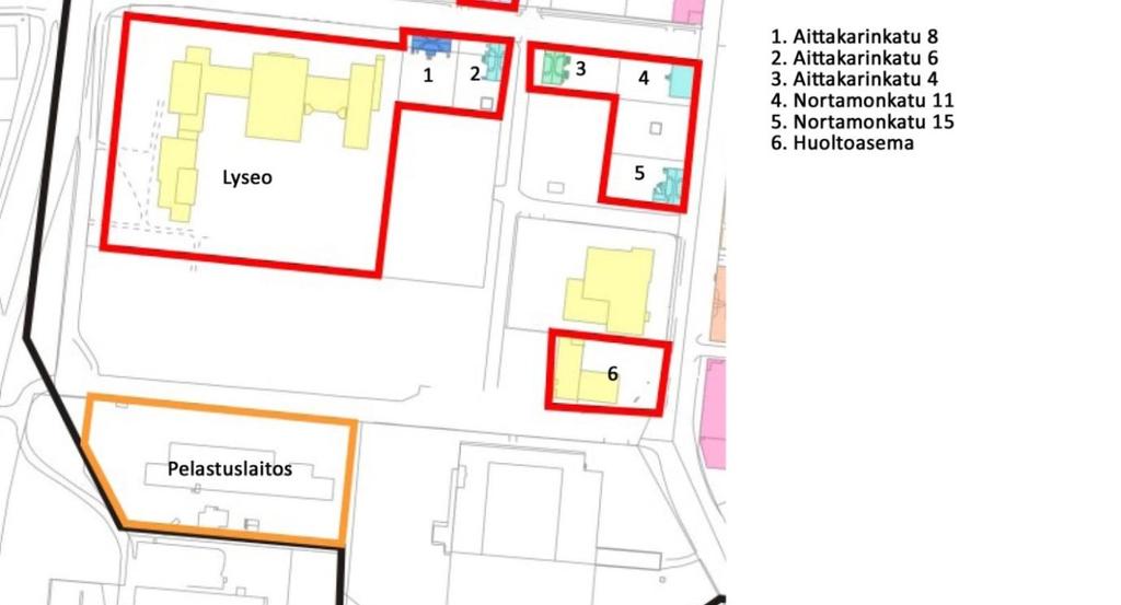 Aittakarin alueella inventointiin lisäksi 1960-luvulla valmistunut moderni entinen Rauman lyseo sekä alun perin 1960- luvulla valmistunut huoltoasemarakennus, jolla ei ole kuitenkaan