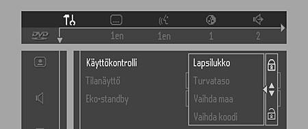Käytönvalvonta Käytönvalvonta: lapsilukko (DVD ja VCD) Lapsilukon kytkeminen ja poistaminen 1 Kun levyn toisto on pysäytetty, valitse painikkeilla 3/4 Features-valikosta ACCESS CONTROL.