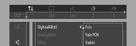 Ääni Digital output (digitaalinen lähtöliitäntä) Tehdasasetus: ALL Tämä tarkoittaa sitä, että koaksiaalilähtö on kytketty päälle.