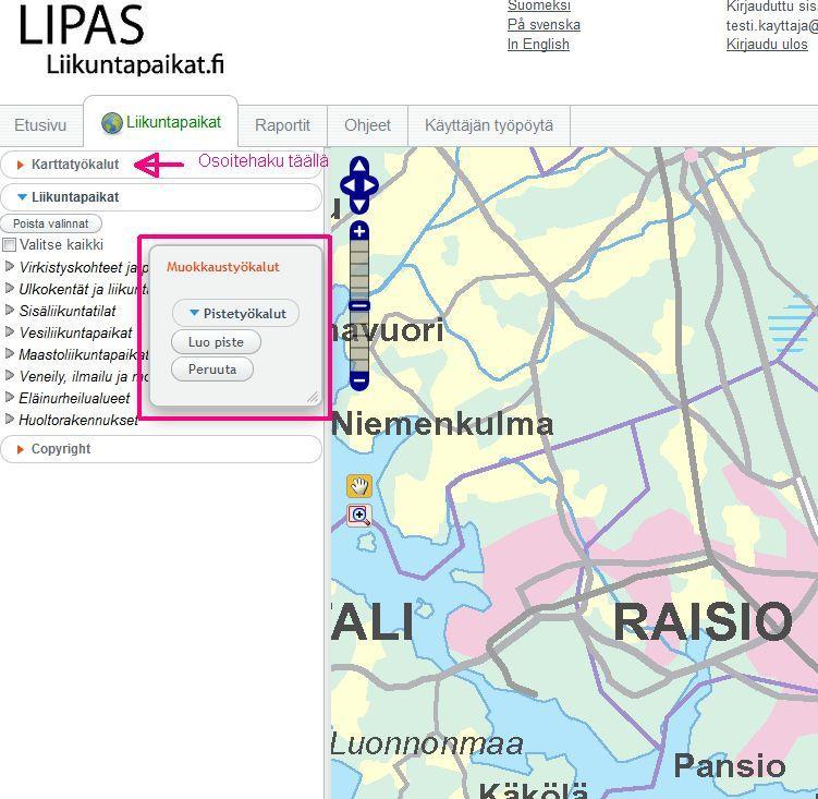 Liikuntapaikan sijainnin tallennus (uusi liikuntapaikka) Mene Lipaksen karttanäkymään (Liikuntapaikat-välilehti). Tarkenna kartta tarpeeksi lähelle (kadunnimitasolle) oikealle alueelle.