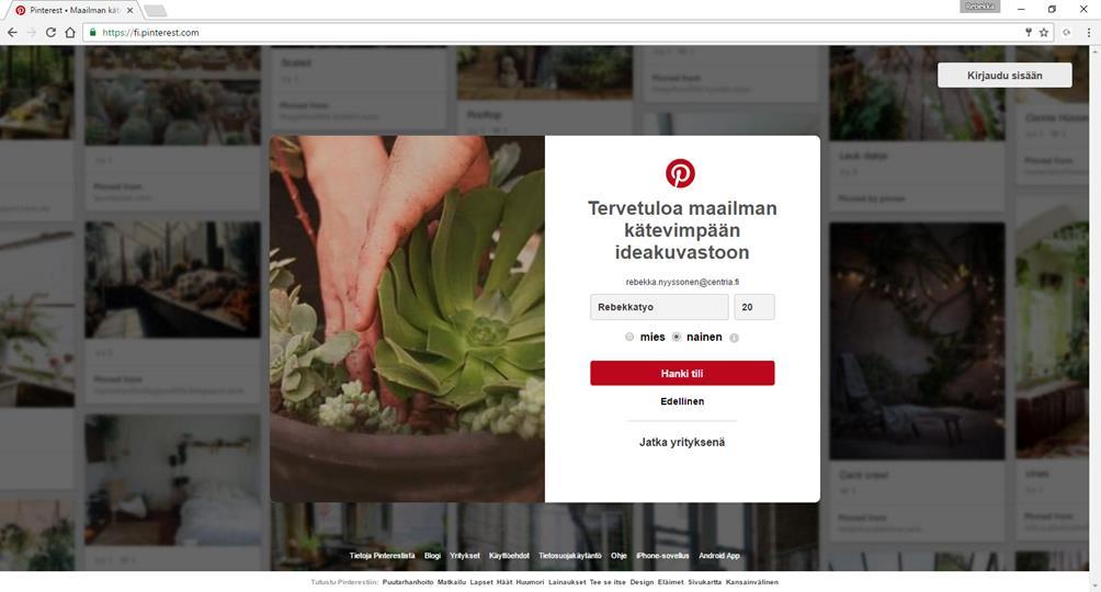 Jos loit tilin Facebook tunnuksilla, Pinterest tuo tietosi Facebookista, joten sinun ei tarvitse