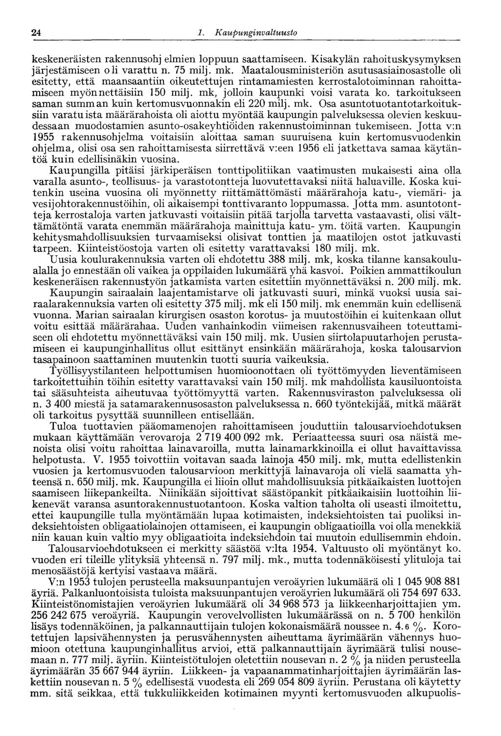 24 1. Kaupunginvaltuus to 24 keskeneräisten rakennusohj elmien loppuun saattamiseen. Kisakylän rahoituskysymyksen järjestämiseen oli varattu n. 75 milj. mk.