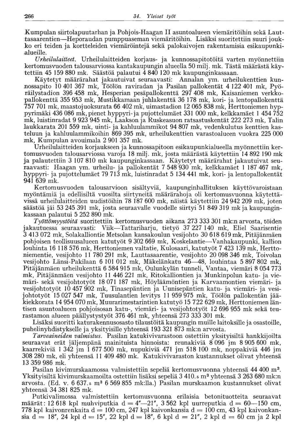 :266 34. Yleiset työt.kumpulan siirtolapuutarhan ja Pohjois-Haagan II asuntoalueen viemäritöihin sekä Lauttasaarentien Heporaudan pumppuaseman viemäritöihin.