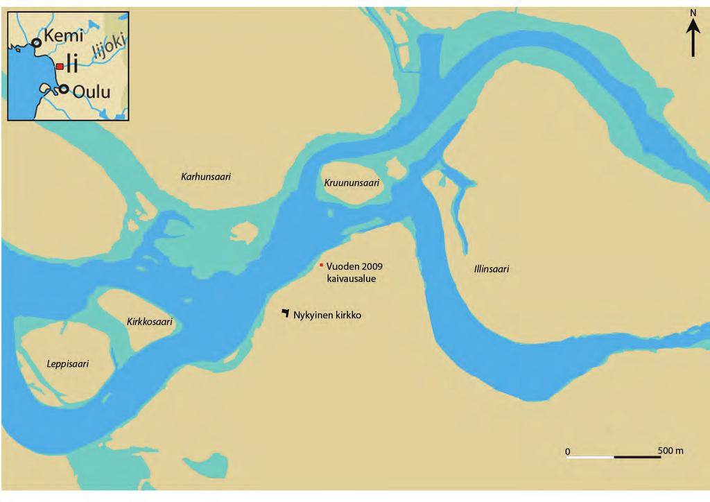 KIRKOISTA JA HAUTAUSMAASTA Kartta 6. Kartta kuvaa rannansiirtymistä Iin alueella 1450-luvulta nykypäivään.