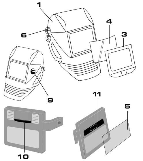 Automaattiset hitsausnaamarit Varaosat Eye-Tech 9-13 (Kuva 4) 1 Naamarin runko Eye-Tech 9-13 0700 000 002 3 Roiskelasin kehys 0700 000 006 4 Ulommainen suojalasi 0700 000 010 5 Sisäpuolinen suojalasi