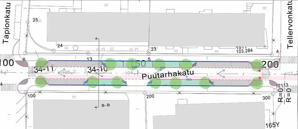 23 Kadun maanalaisen infran muutokset: Jätevesi- ja hulevesiviemärit sekä vesijohto uusitaan ja sijoitetaan ajoradan alle.