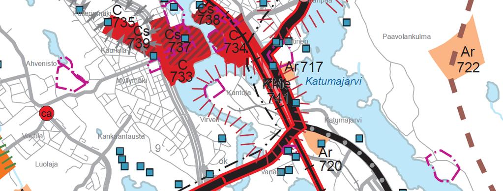 Merkinnällä on osoitettu valtakunnallisen ja maakunnallisen kehittämisen kannalta tärkeimmät kehityskäytävät.