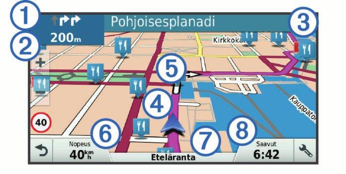 Jos valitsit määränpään, valitse Valitse. 8 Valitse reitti ja valitse Aja. Reitin aloittaminen kartan avulla Voit aloittaa reitin valitsemalla sijainnin kartassa. 1 Valitse Katso karttaa.