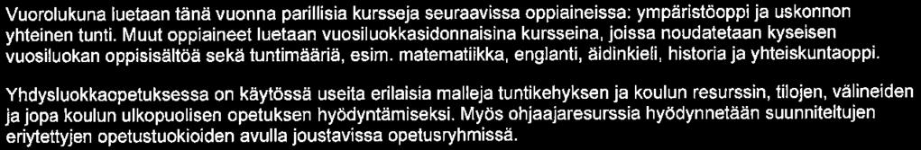 Liikunta 2 tuntia Historia Ja yhteiskuntaoppi 1 tunti Valinnainen 1 tunti YHTEENSÄ 24 tuntia Vuorolukuna luetaan tänä vuonna parillisia kursseja seuraavissa oppiaineissa: ympäristöoppi ja uskonnon