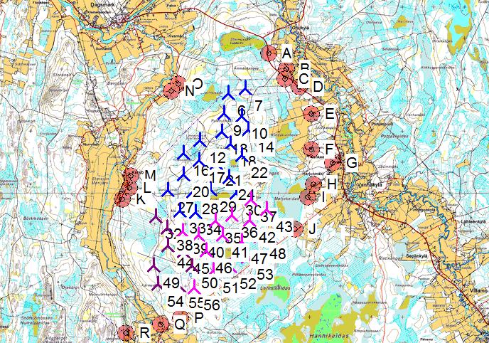 DECIBEL - Main Result Calculation: Lakiakangas Isojoki ja Kristiinankaupunki 20xV126 hh137m + 23xGE 2,5-120 hh139m Noise calculation model: ISO 9613-2 General Wind speed: 8,0 m/s Ground attenuation: