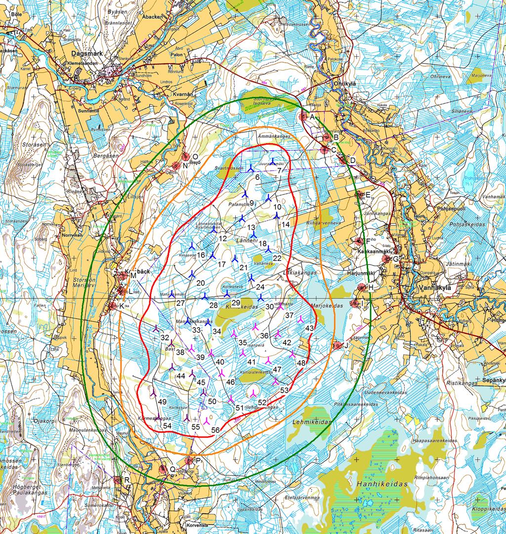 DECIBEL - Map 8,0 m/s Calculation: Lakiakangas Isojoki ja Kristiinankaupunki 20xV126 hh137m + 23xGE 2,5-120 hh139m