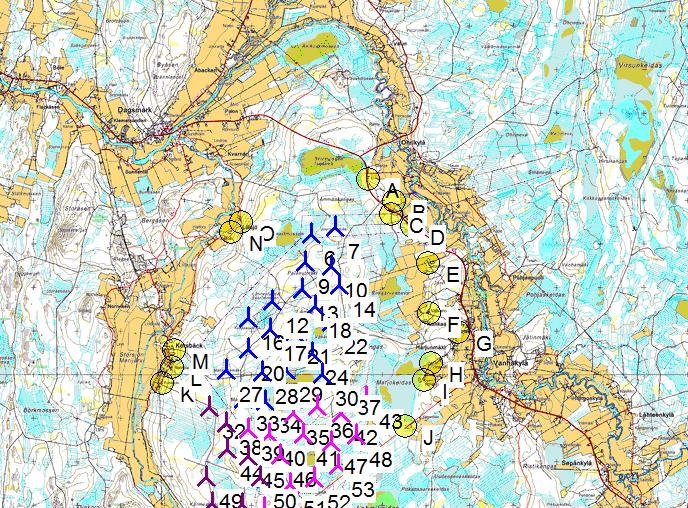 SHADOW - Main Result Calculation: Lakiakangas II 20xV126HH137m+23 x GE 2,5-120 hh139m Assumptions for shadow calculations Maximum distance for influence Calculate only when more than 20 % of sun is