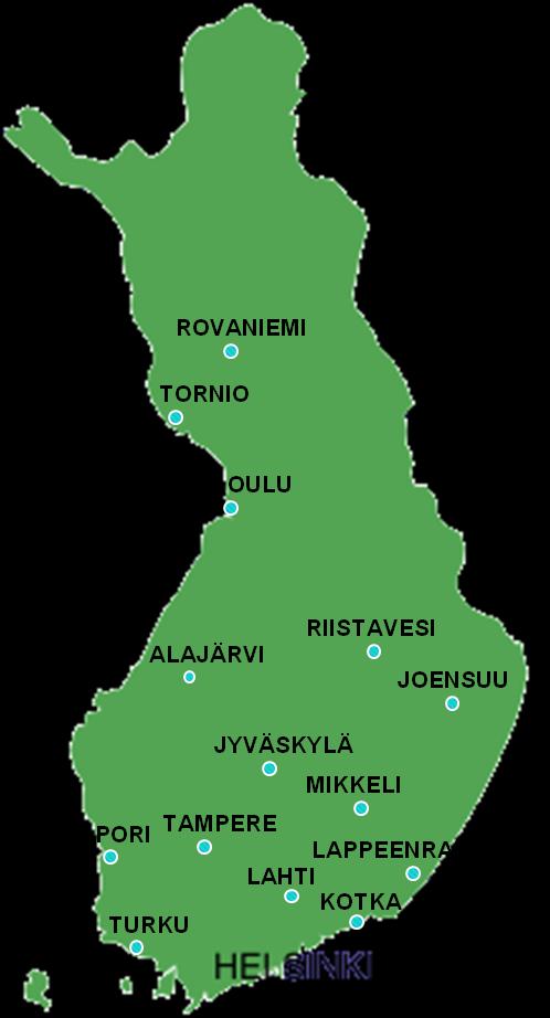 Asennus- ja huolto-organisaatio HELSINKI ALAJÄRVI JOENSUU JYÄSKYLÄ KOTKA LAHTI LAPPEENRANTA MIKKELI OULU PORI RIISTAVESI ROVANIEMI TAMPERE