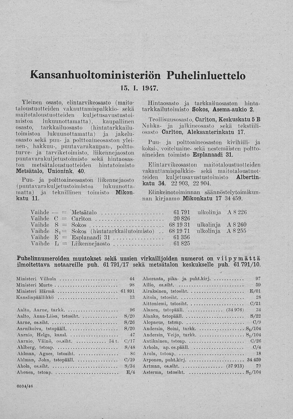 Kansanhuoltoministeriön Puhelinluettelo 15. I. 1947.