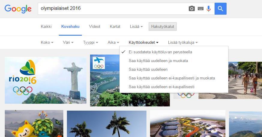 Googlettaminen, www.google.fi - Valokuvahaussa on muistettava, että kuvia EI saa käyttää muussa tarkoituksessa ilman lupaa, vaan niitä suojaa tekijänoikeudet.