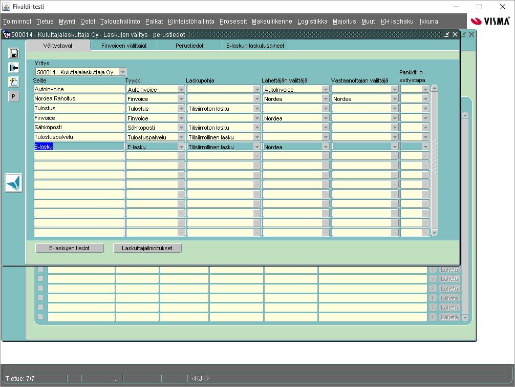 Välitystavat ruutu Perusta laskuttajayritykselle uusi välitystapa: Selite esim. E-lasku / tyyppi = E-lasku.