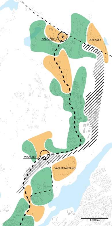 Olemassa olevaa kaupunkirakennetta tiivistetään Leppävaarasta Kalajärvelle suunnitellun runkoyhteyden varrella erityisesti Nepperissä, Niipperissä ja Kalajärvellä.