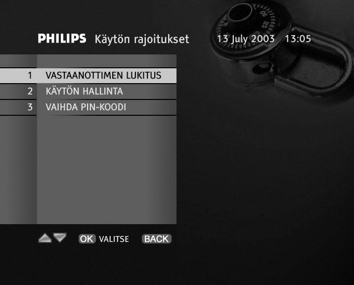 8.1.4 Kanavien lukitseminen Kanavien lukitsemistoiminnolla voit lukita haluamasi kanavat. Kun valitset Muokkaa-kohdasta toiminnon Lukitse, näkyviin tulee valittu kanavalista.