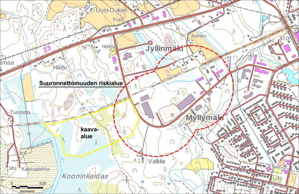 214005190 23 Asemakaavan selostus Ympäristökeskus 28.03.2017 5.4.3 Muut vaikutukset Vaikutukset terveellisyyteen ja turvallisuuteen Kaava-alue sijoittuu maakuntakaavan ja osayleiskaavan mukaisesti teolliselle toiminnalle osoitetulle alueelle.