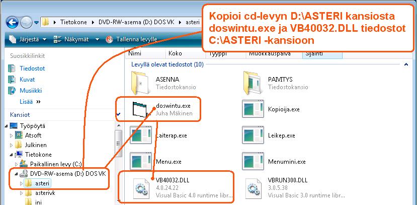 Tulostaminen doswintu.exe -apuohjelmalla Doswintua käytettäessä Asteri ohjelma tulostaa tulosteen ensin levytiedostoon ja käynnistää sitten doswintu.exe:n, joka tulostaa tiedoston kirjoittimelle.