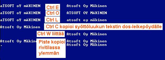 Näppäinpikakomentoja Tieto Asteri dos ohjelmiin syötetään syöttöluukussa.