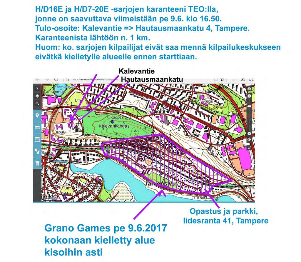 Pe 9.6.2017 sprintin kilpailualue = kielletty alue sekä H/D16E ja H/D17-20E - sarjojen karanteenialue Pe 9.6.2017/sprintti: kilpailukeskus Järvensivun puisto, ks layout.