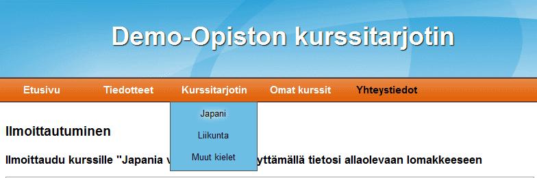 Kuva 2.3: Kurssiryhmät alasvetovalikkona Kurssitarjotin-otsikon alla 2.3.3 Ilmoittautumiset Ilmoittautumiset -sivulla näytetään kurssikohtaisesti ilmoittautuneiden kokonaismäärä sekä ilmoittautumislista.