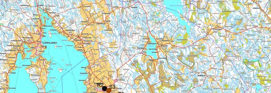 Kuva 11. Vimpelinjoen sähkökalastus- ja koeravustuspaikat. Sähkökalastuspaikka S1=Savonjoki 1, S2=Savonjoki 2, S3=Savonjoki, Koulukoski.