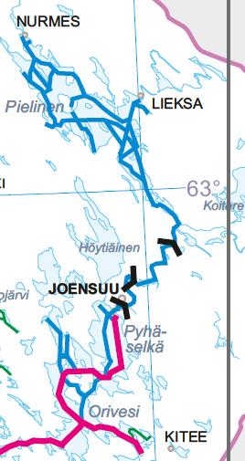 Kuva 11. Liikenneviraston ylläpitämät sisävesiväylät ja sulutetut kanavat Pohjois-Karjalassa. (Liikennevirasto 2017). Syväväylä punaisella, muut yli 2,4 m väylät sinisellä, sulutetut kanavat mustalla.