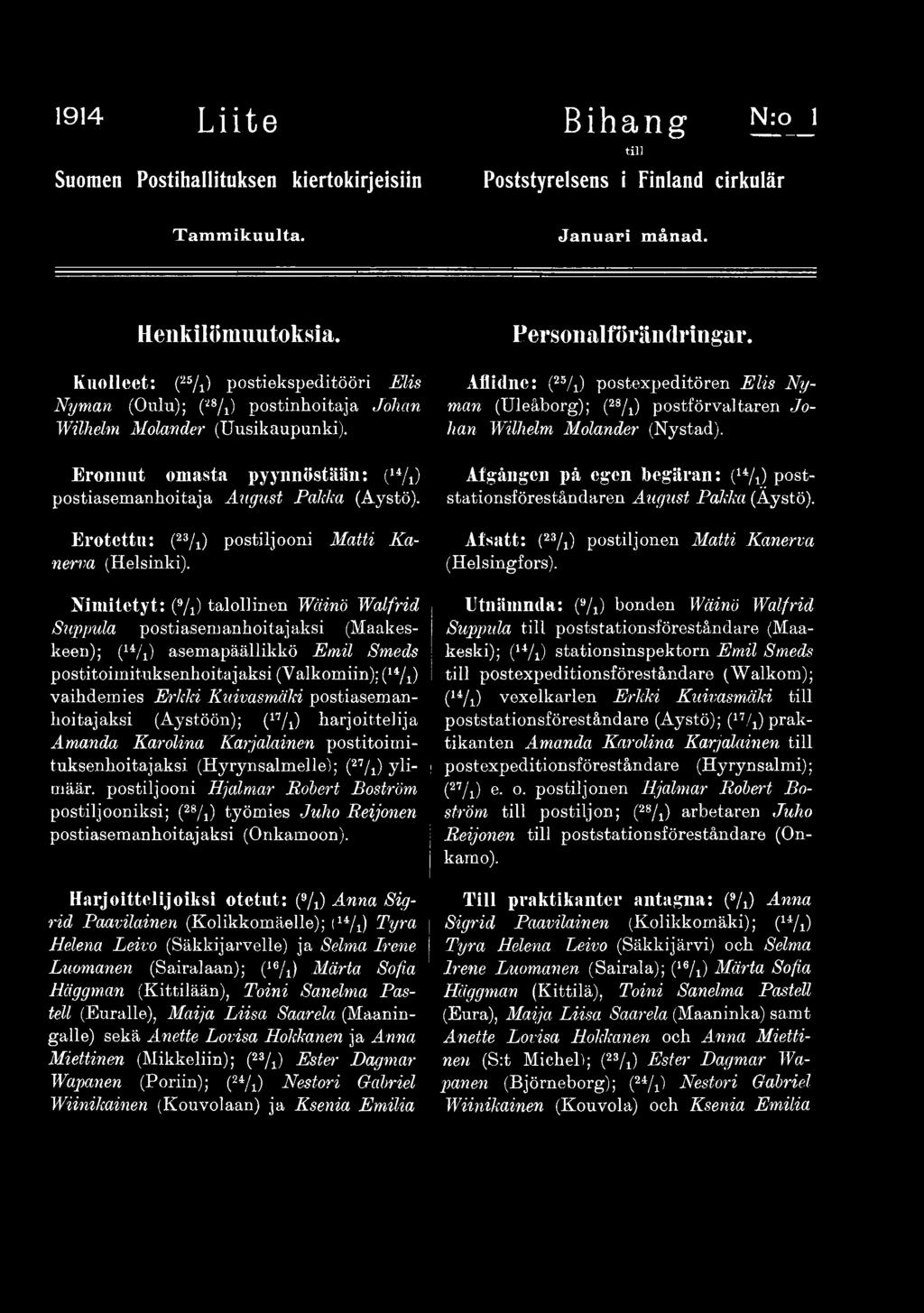 Nimitetyt: (9/i) talollinen Wäinö Walfrid Suppula postiasemanhoitajaksi (Maakeskeen); (14/i) asemapäällikkö Emil Smeds postitoimituksenhoita jaksi (V aikomiin); (14/i) vaihdemies Erkki Kuivasmäki